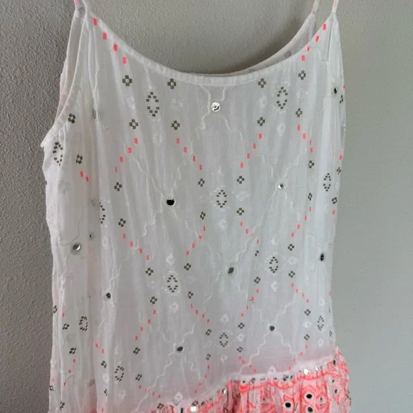 Juliet Dunn Nomad Embroidered Mirrored Cotton Mini Dress White Coral Boho 6/8 - Picture 4 of 15
